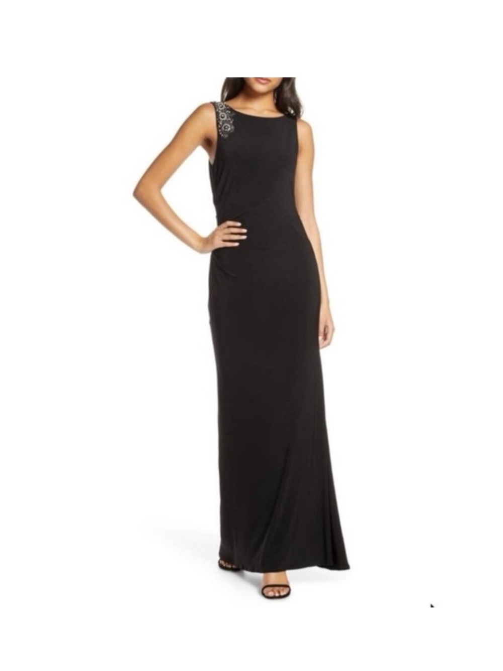 Vince Camuto Black Silver Beaded Stretch Floor Length Formal Dress